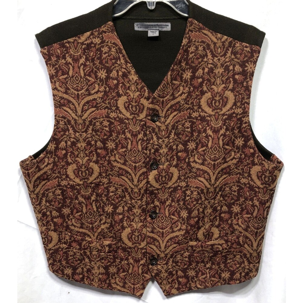 Vintage Le Collezioni Italy Woven Wool blend Vest L  brown Green Geo Pockets